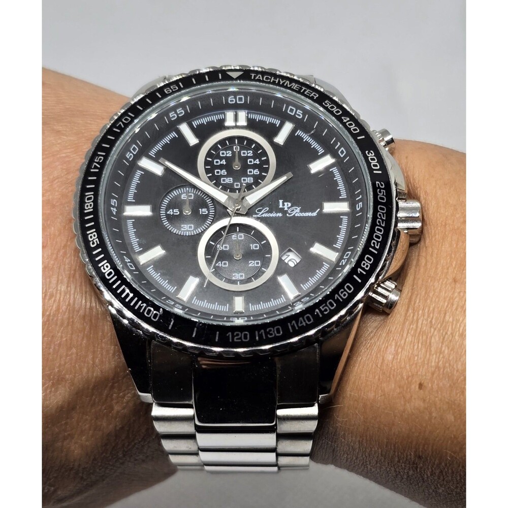 Men's Lucien Picarrd Chrongoraph Black Dial Silver Tone Bracelet Watch 08